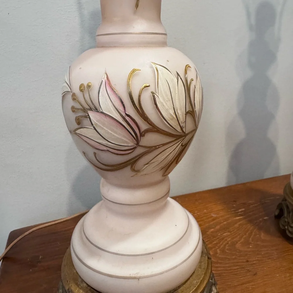 Vintage Painted Pink Glass Floral Lamp Pair With Brass Feet WORKING 21” x 5”